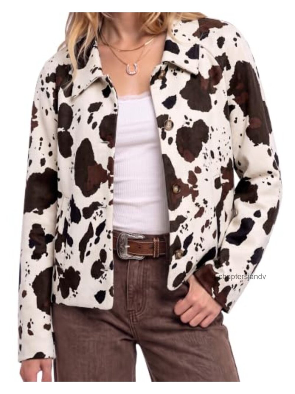 Faux Suede Cow Print Cropped Button Down Jacket Shacket